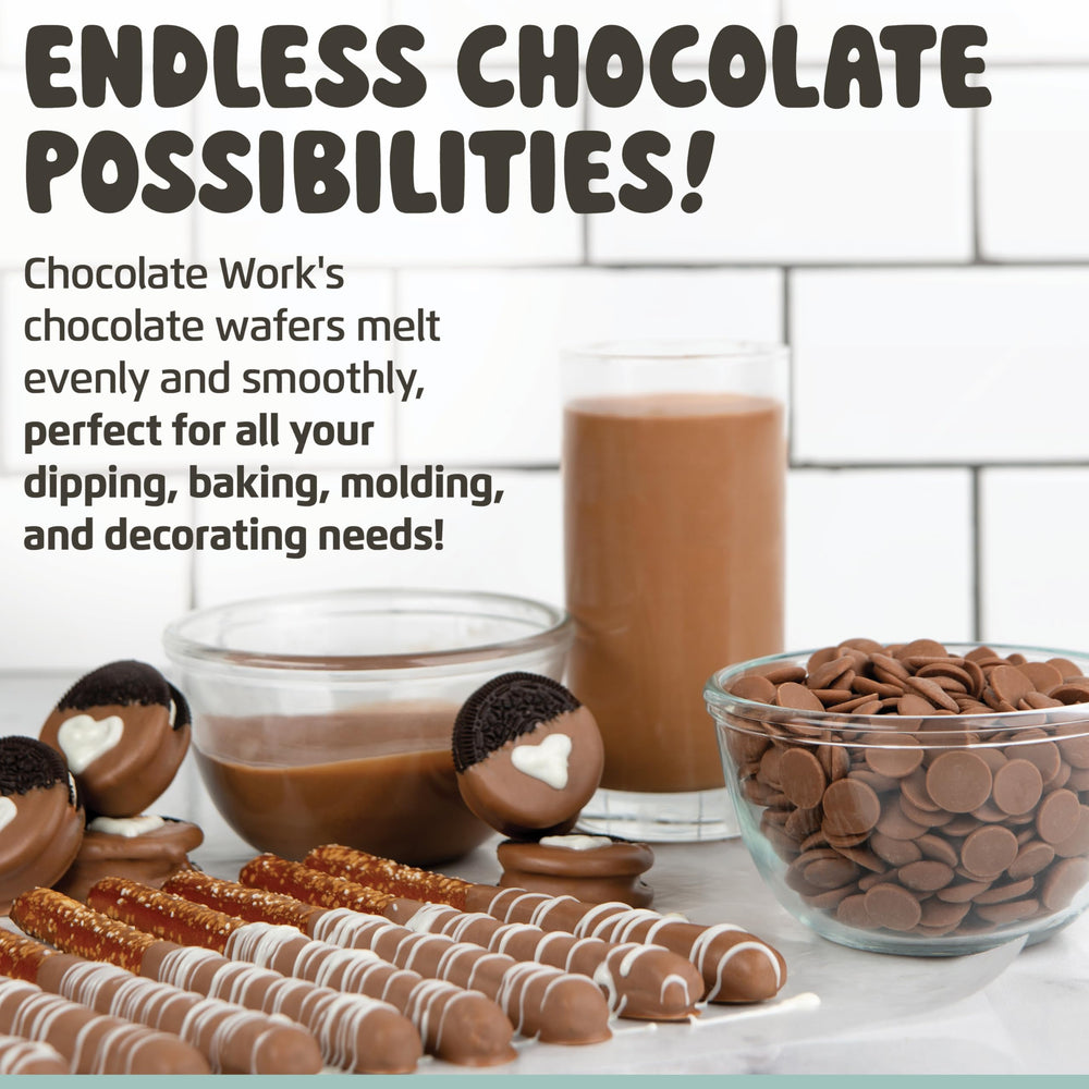 Chocolate Works Milk Melting Chocolate Disc decorating a cake with a glossy finish