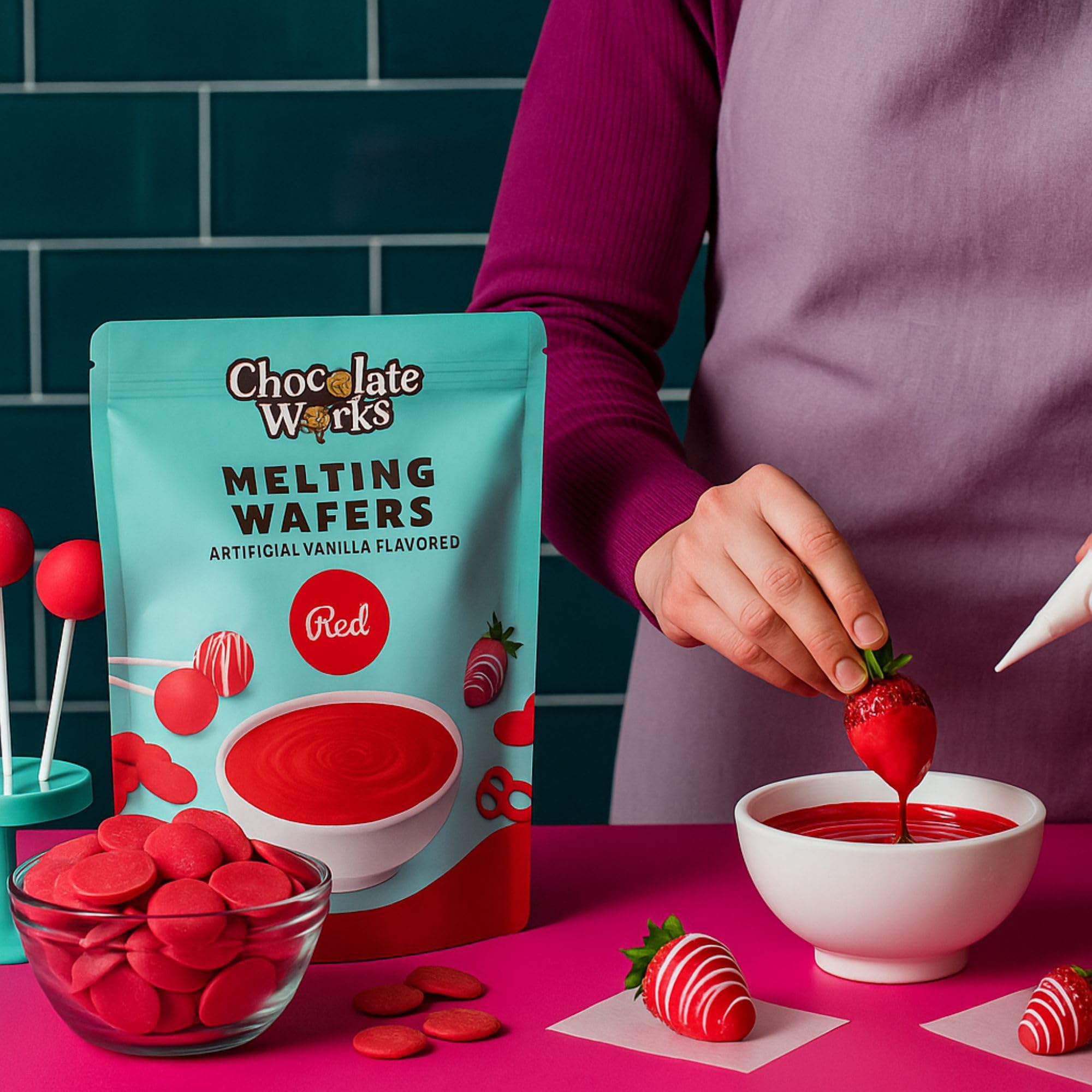 Chocolate Works red melting chocolate wafers ideal for fondue and cake decoration