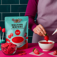 Chocolate Works red melting chocolate wafers ideal for fondue and cake decoration
