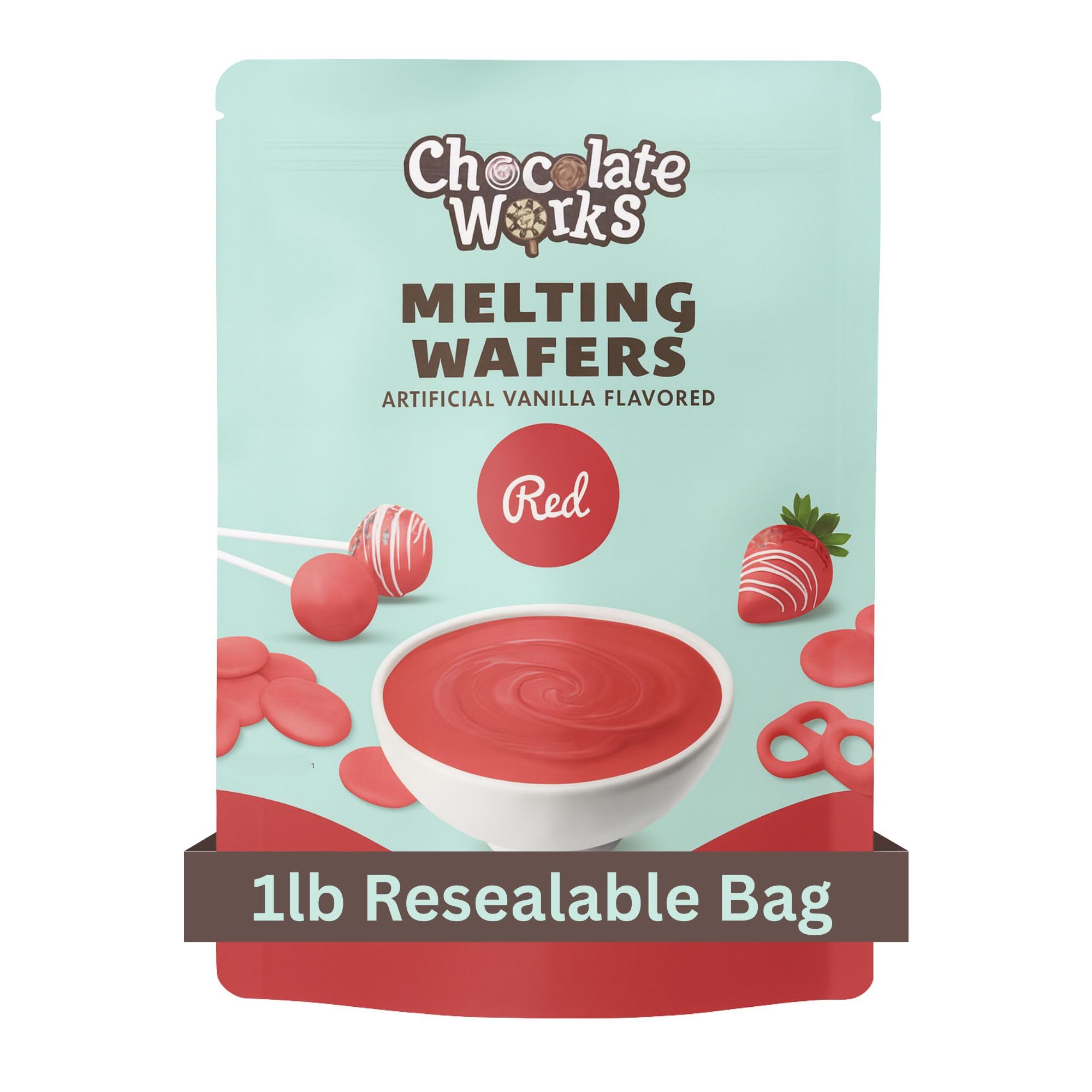 Chocolate Works red melting chocolate wafers pack ready for dipping and decorating