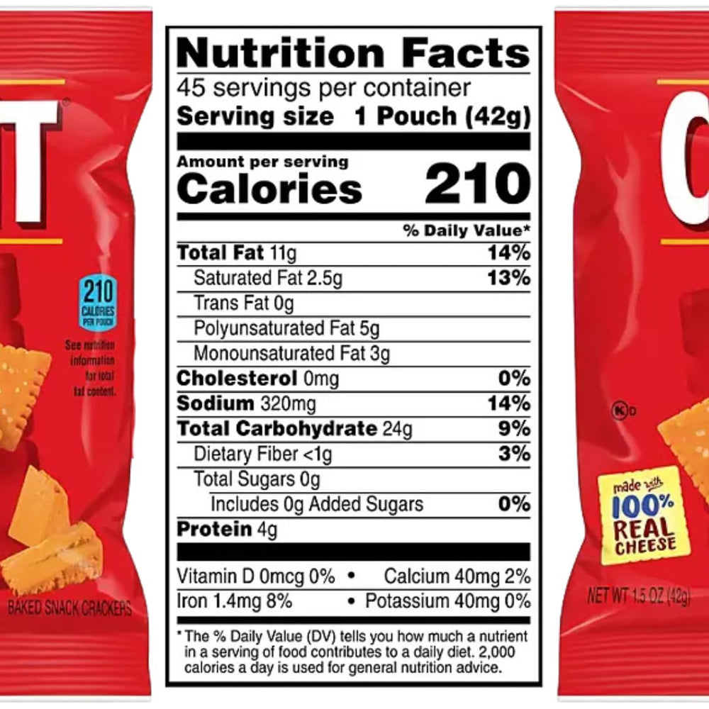 Chocolatto Cheez-It Original pouch side highlights portable lunchbox snack with cheddar flavor.