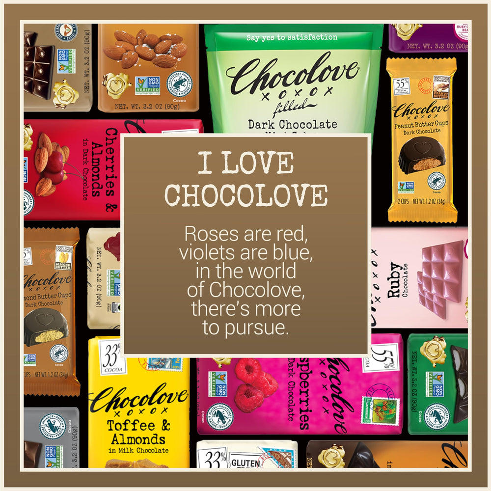 Chocolove 12-pack display highlighting value and variety.