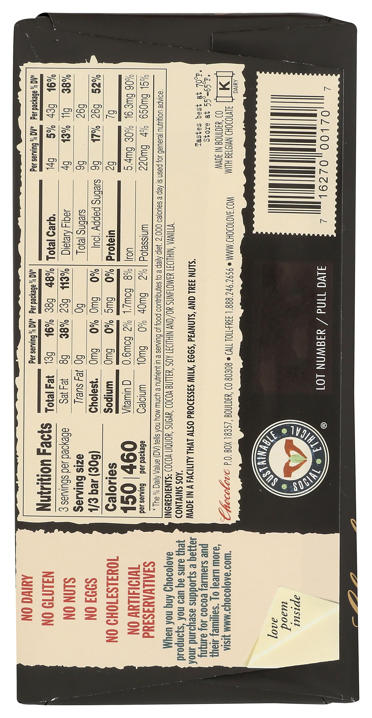 Chocolove 70% bar in foil packaging, preserving flavor for later enjoyment.