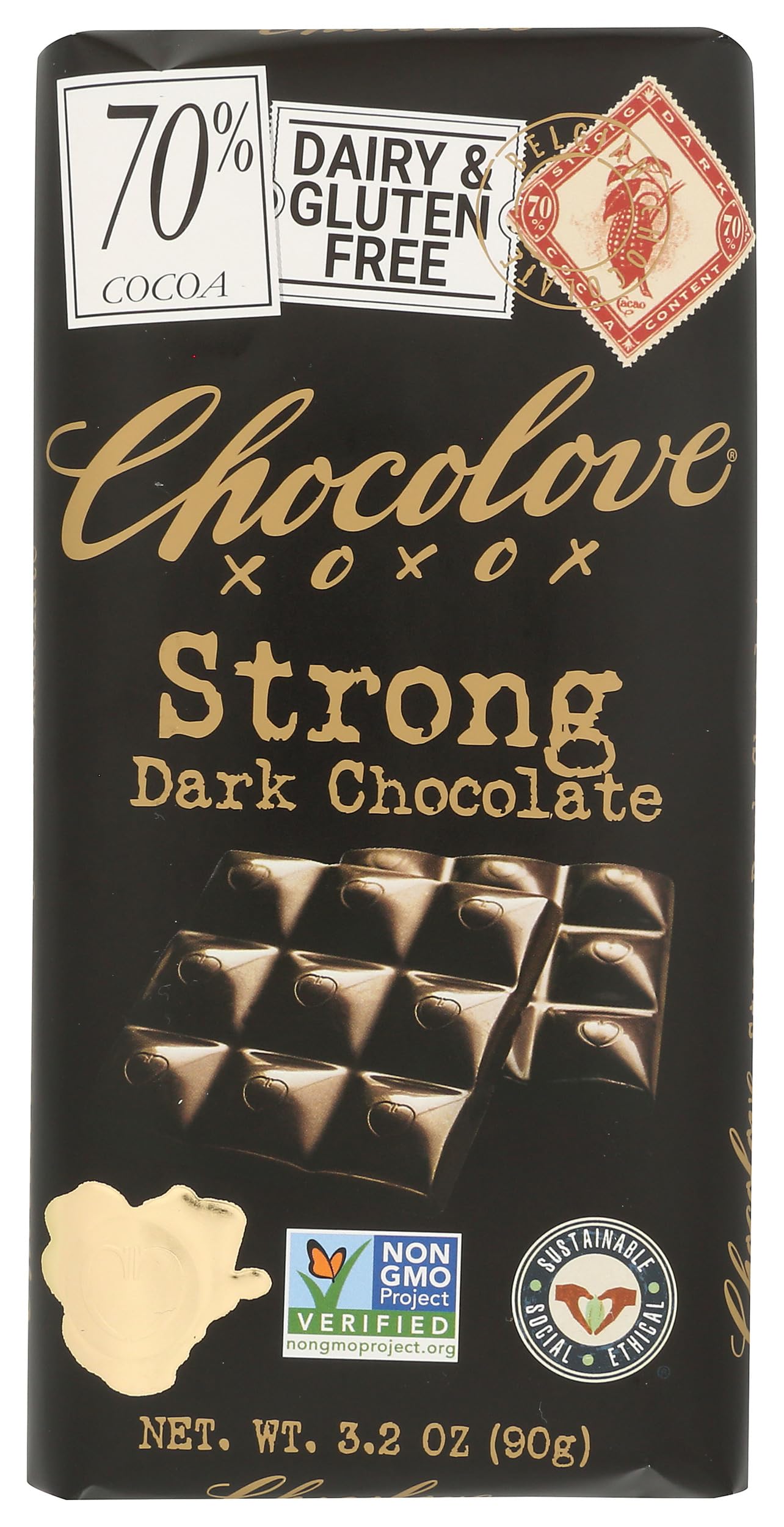 Chocolove 70% bar unwrapped, rich bittersweet chocolate ready for tasting.