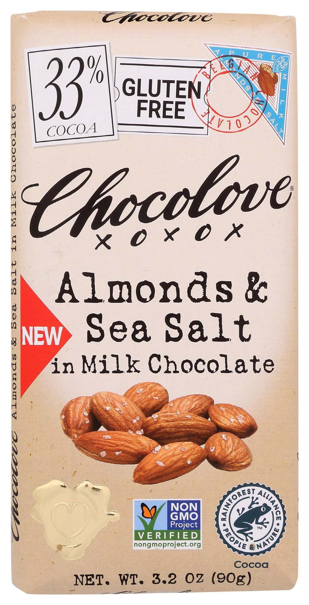 Chocolove almonds sea salt milk chocolate bar unwrapped, for a quick satisfying bite.
