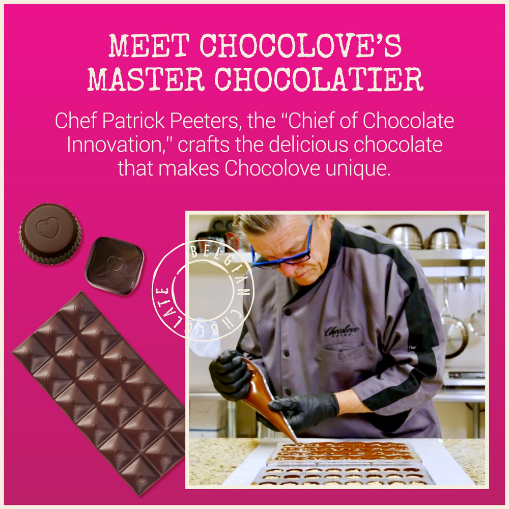 Chocolove bar breaking snap closeup reveals smooth texture and rich cocoa.
