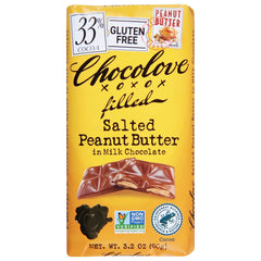 Chocolove milk-filled salted peanut bar close-up, creamy center and crunchy nuts.