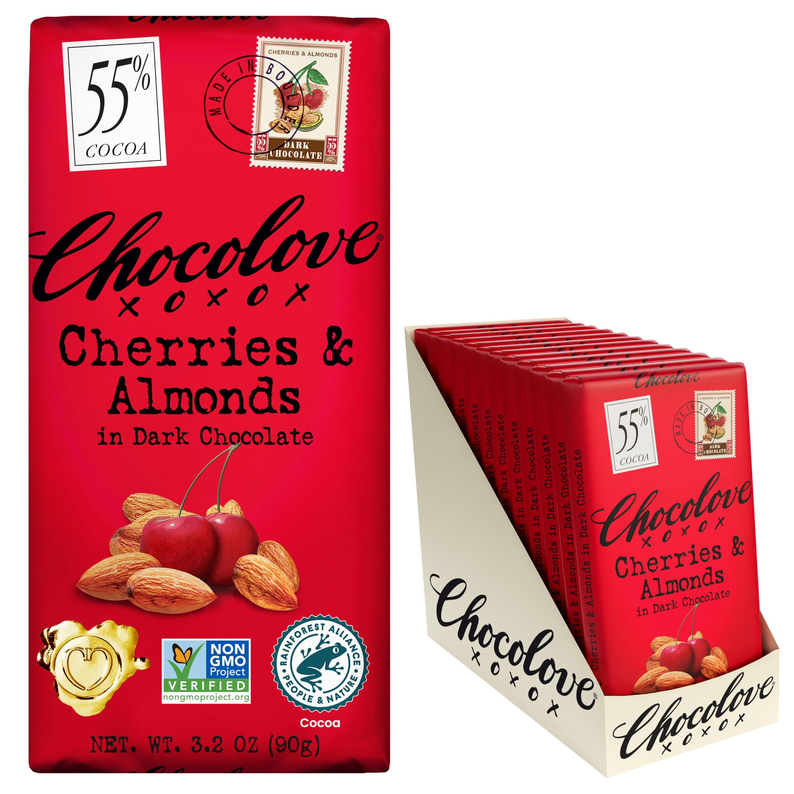 Chocolove Cherry and Almonds bar pack close-up highlights real cherries and crunchy almonds