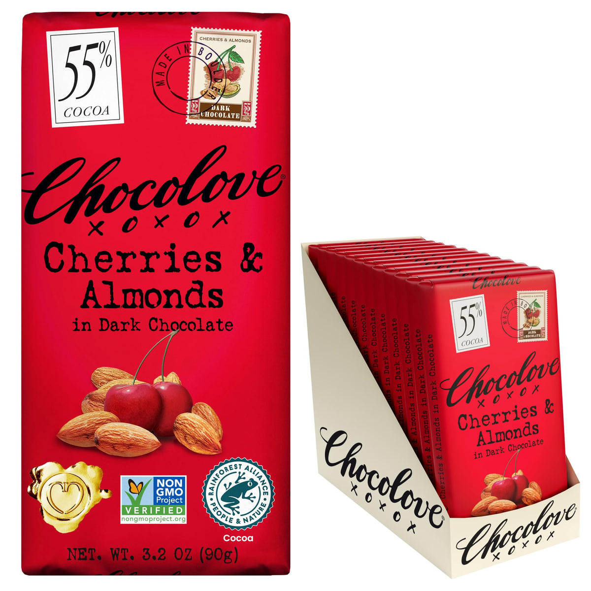 Chocolove Cherry and Almonds bar pack close-up highlights real cherries and crunchy almonds