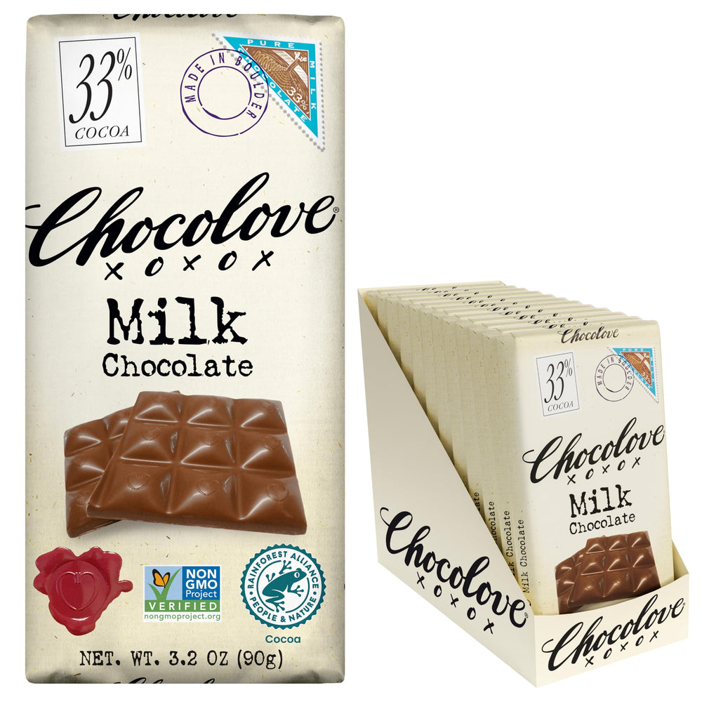 Chocolove creamy milk chocolate bar unwrap closeup showing silky texture.