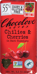 Chocolove bar square reveals bright cherry contrasted with deep chocolate for a dessert bite.