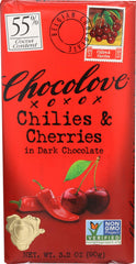 Chocolove Dark Chilies & Cherry Bar packaging close-up highlights brand and premium bar details.