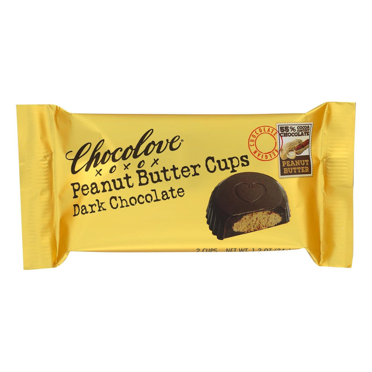 Chocolove dark chocolate peanut butter cups in 1.2 oz packaging, ideal for quick indulgence.