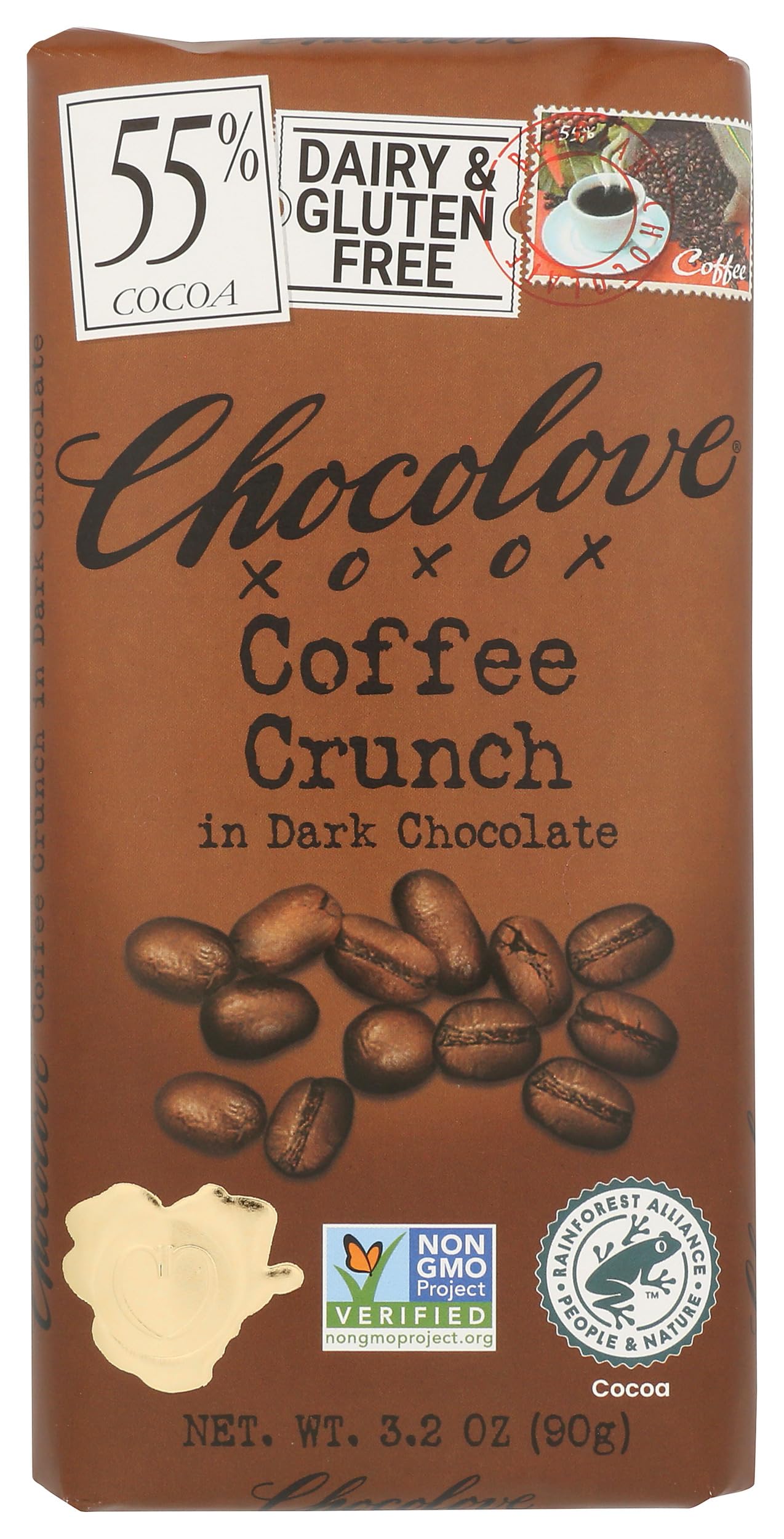 Chocolove dark coffee crunch bar close-up highlights roasted beans for a bold afternoon treat
