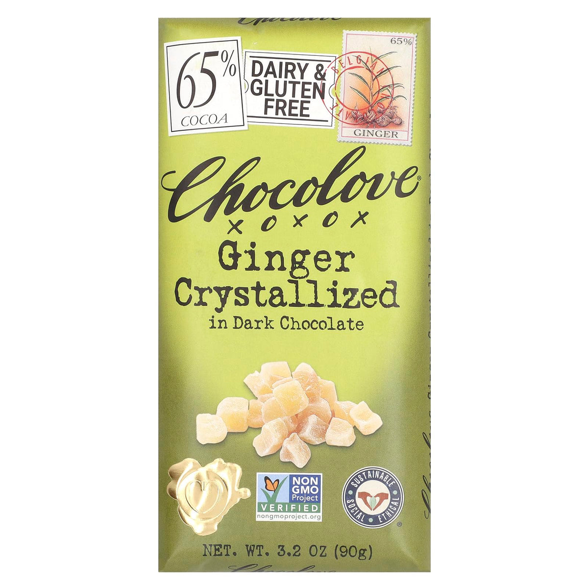 Chocolove dark ginger crystalized bar closeup shows spicy-sweet ginger chunks.