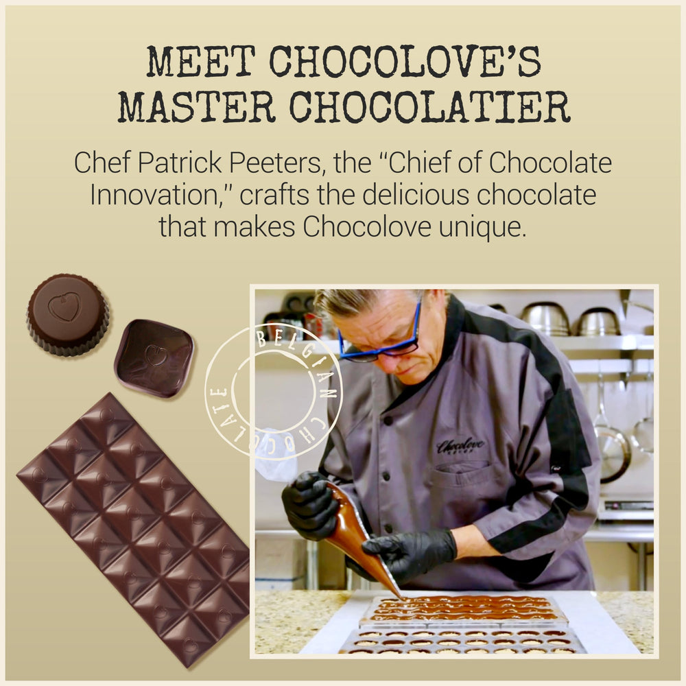 Chocolove ethically sourced cocoa icon with bar emphasizing sustainable sweetness.