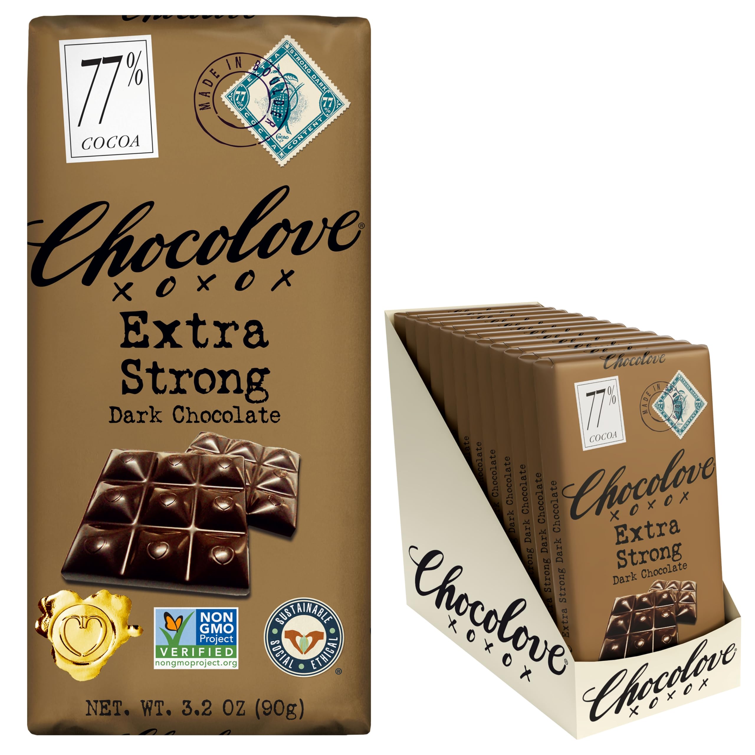 Chocolove extra strong 77 percent bars in a pack showcase bold flavor and silkiness.