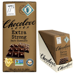 Chocolove extra strong 77 percent bars in a pack showcase bold flavor and silkiness.