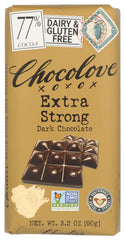 Chocolove extra strong dark bar packshot highlighting premium cocoa content for bold snacking.