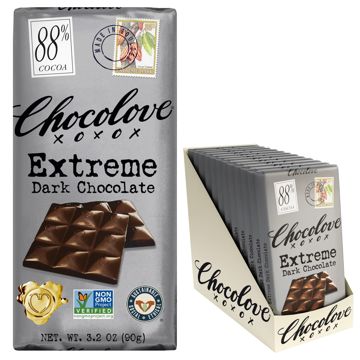 Chocolove Extreme Dark 88% bar close-up highlighting deep cacao notes for mindful tasting.