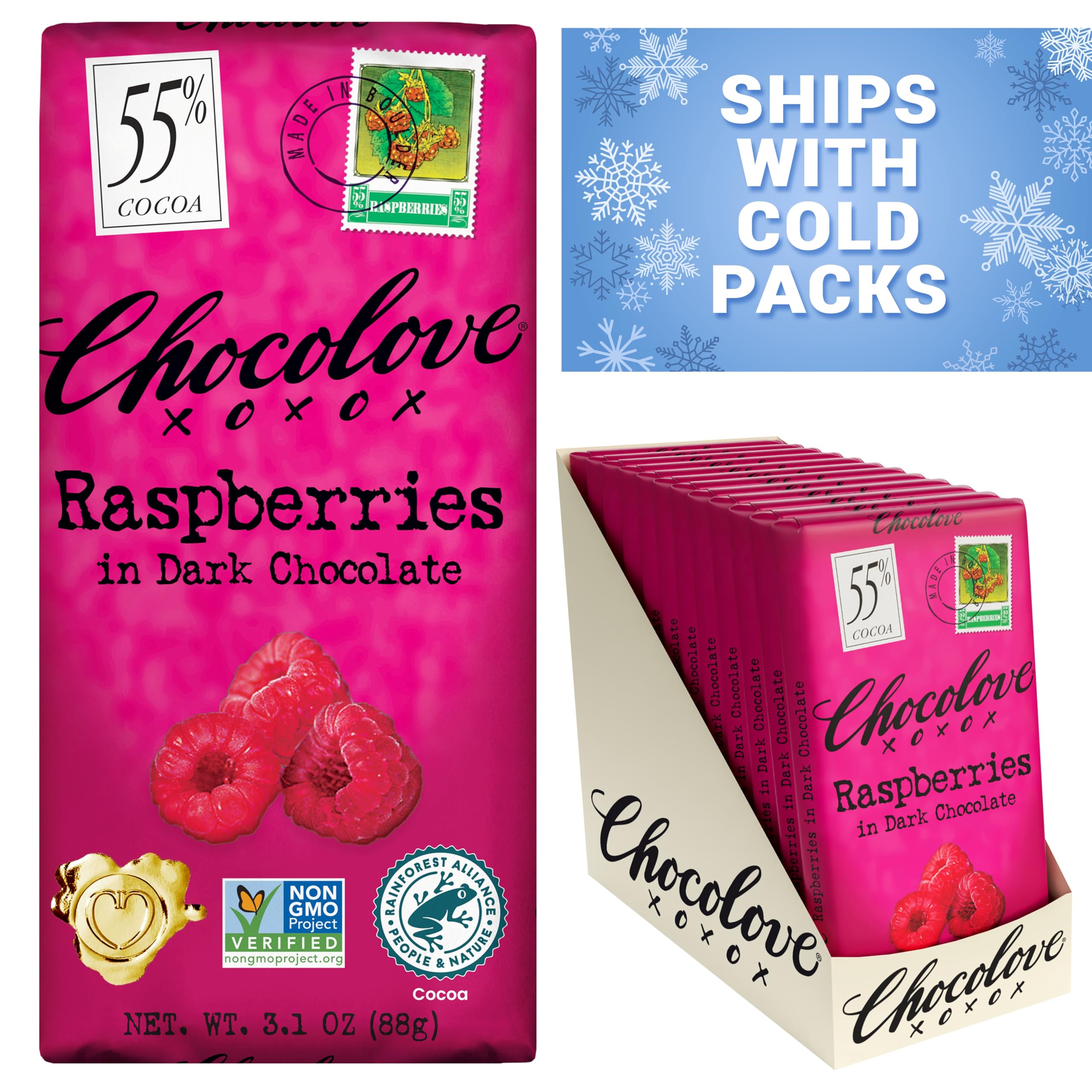 Chocolove gift ready box featuring raspberry dark chocolate bars.