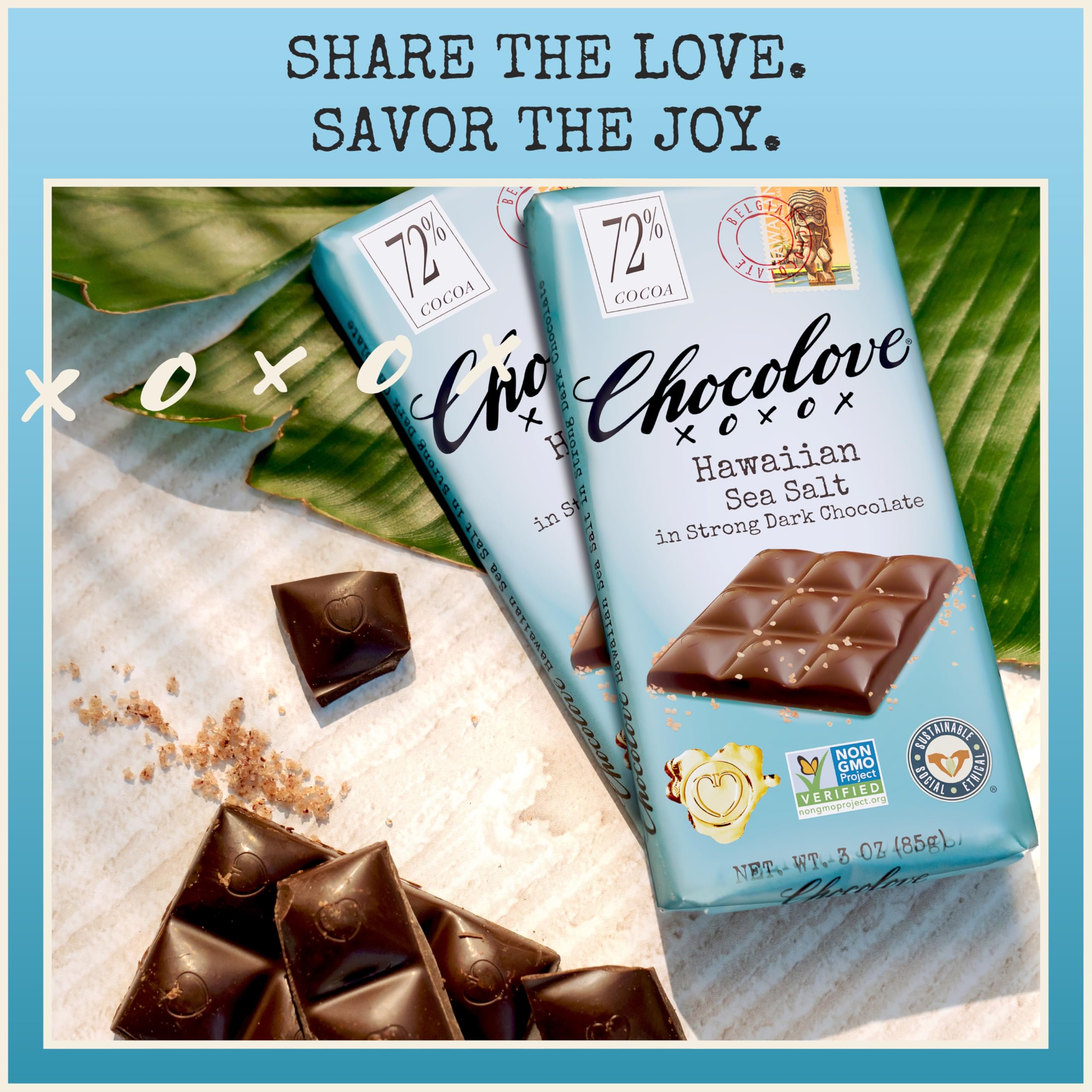 Chocolove Hawaiian Sea Salt bar held in hand for a rich bite.