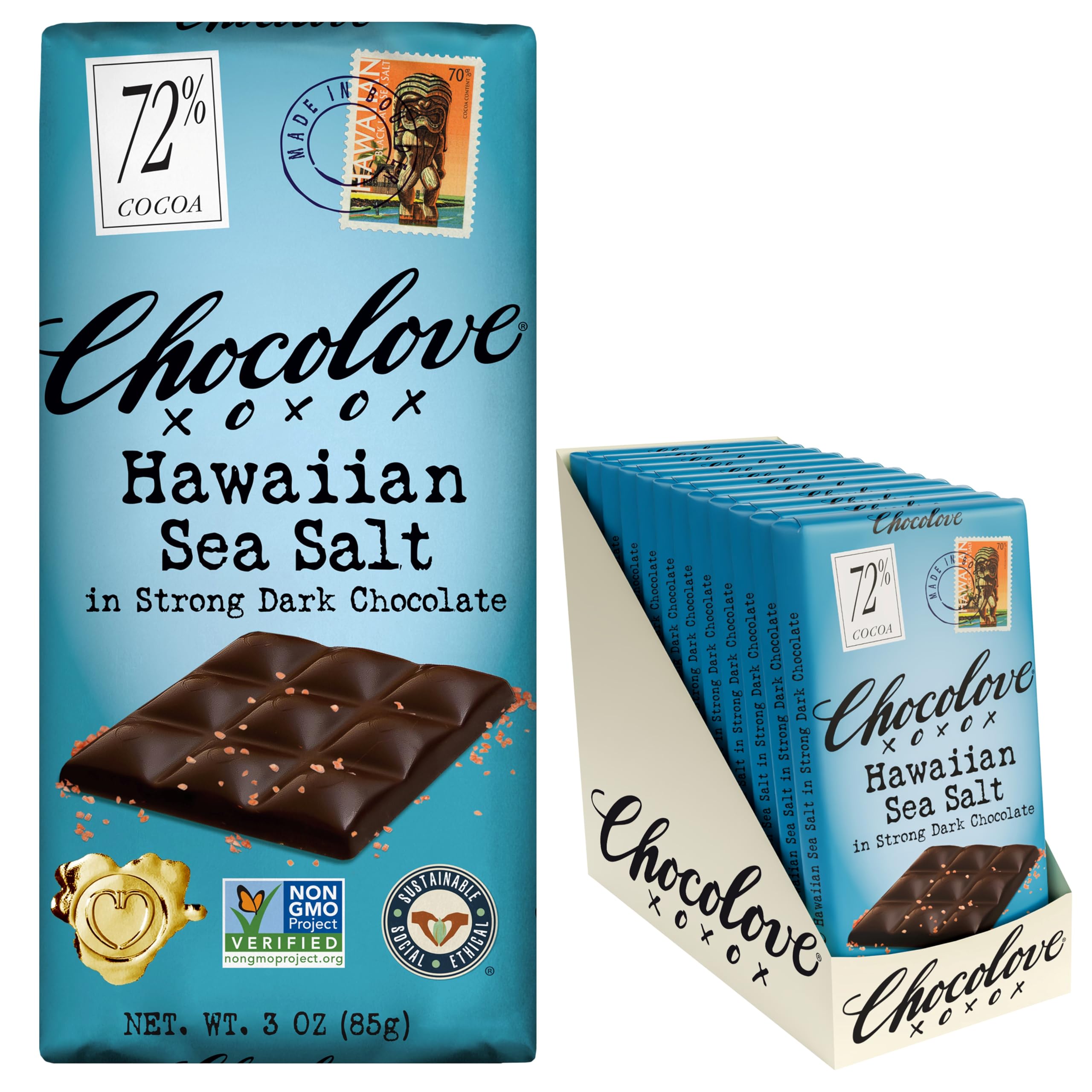 Chocolove Hawaiian Sea Salt packaging highlights premium 72% cocoa chocolate.