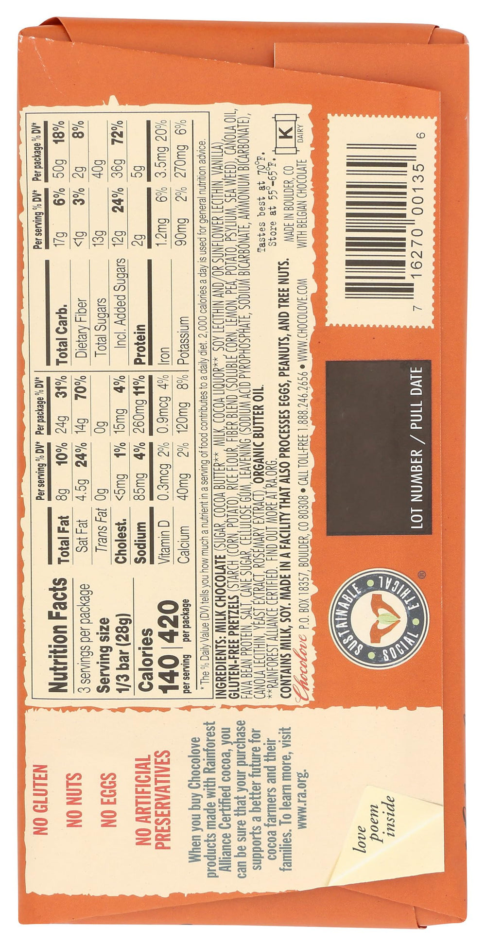Chocolove Milk Pretzel Bar slice view shows creamy chocolate with pretzel specks.