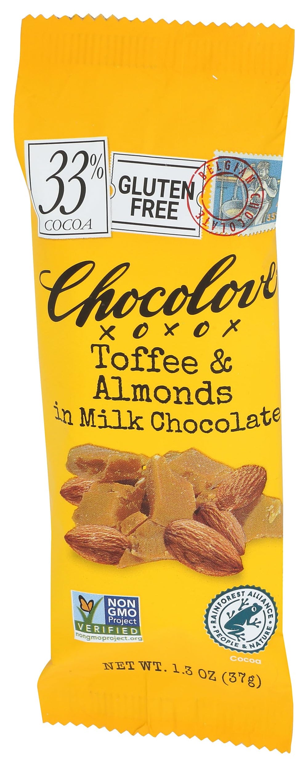 Chocolove mini milk toffee almond bar ingredients emphasize 33% cocoa
