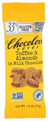 Chocolove mini milk toffee almond bar packshot shows creamy Belgian chocolate