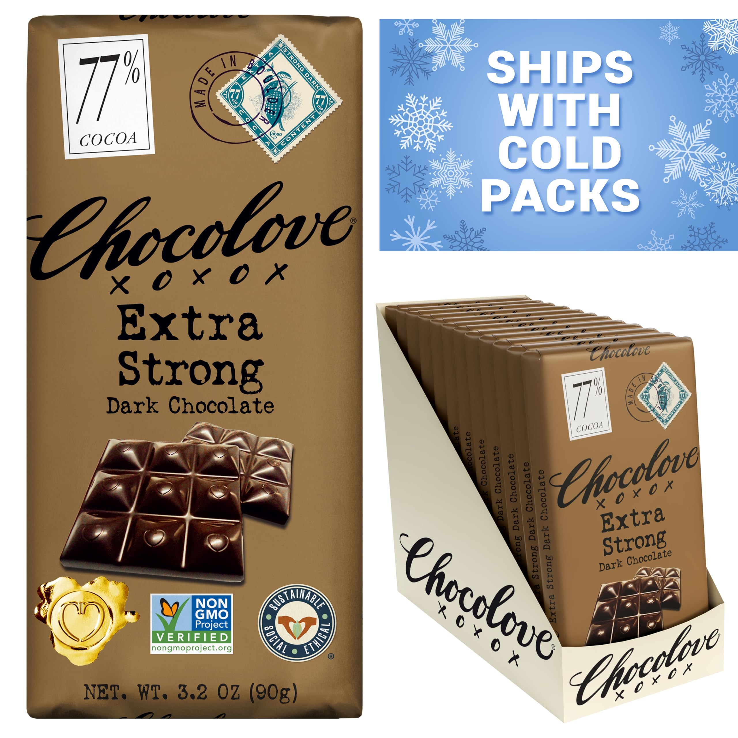Chocolove non GMO chocolate with 77 percent cocoa.