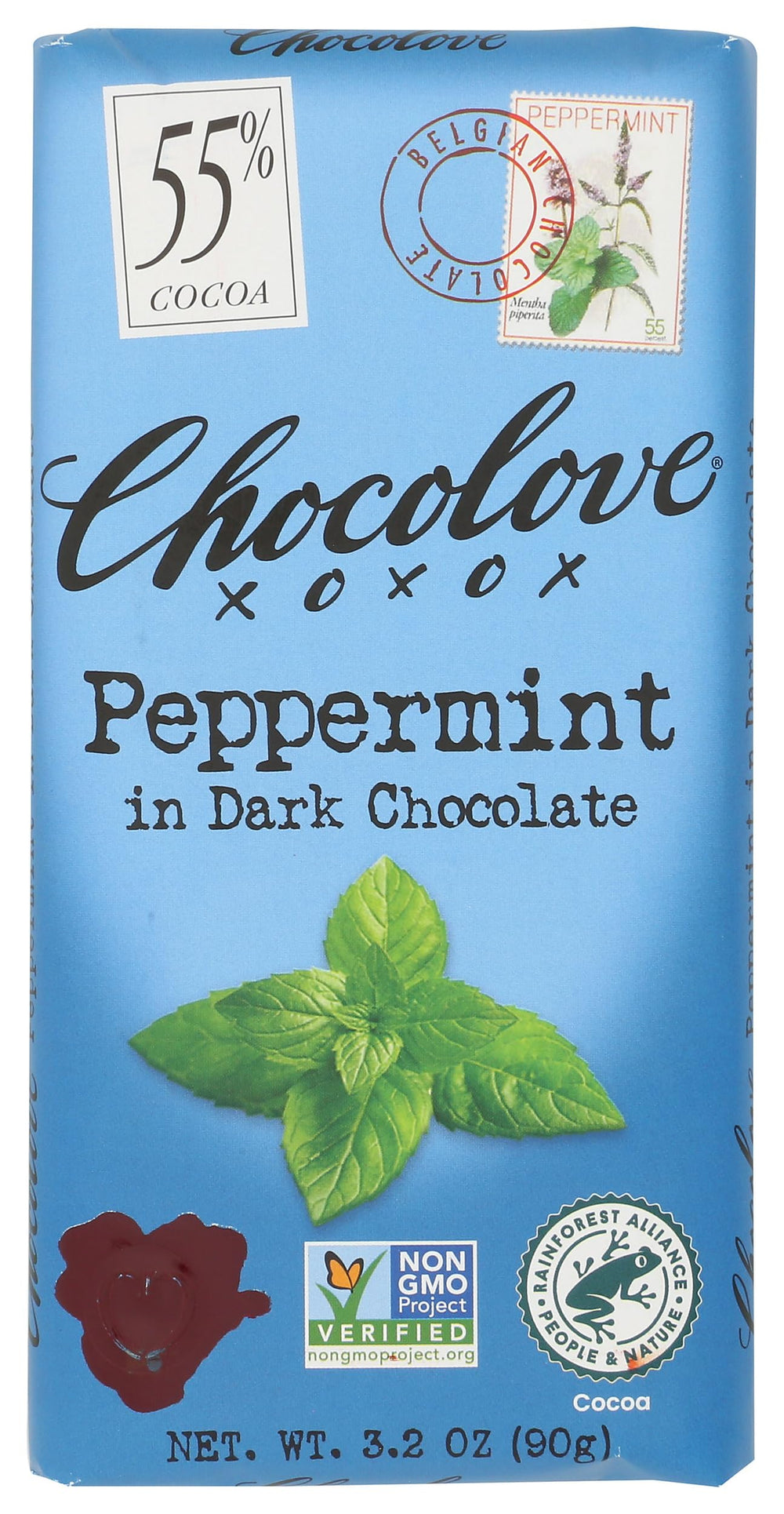 Chocolove Peppermint in Dark Chocolate bar close-up shows glossy surface and refreshing mint