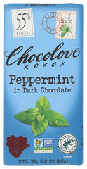 Chocolove Peppermint in Dark Chocolate bar close-up shows glossy surface and refreshing mint