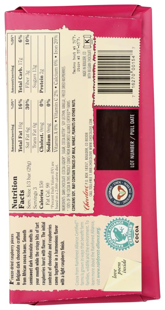 Chocolove raspberries in dark 55% bar slice, crisp bite pairs well with coffee