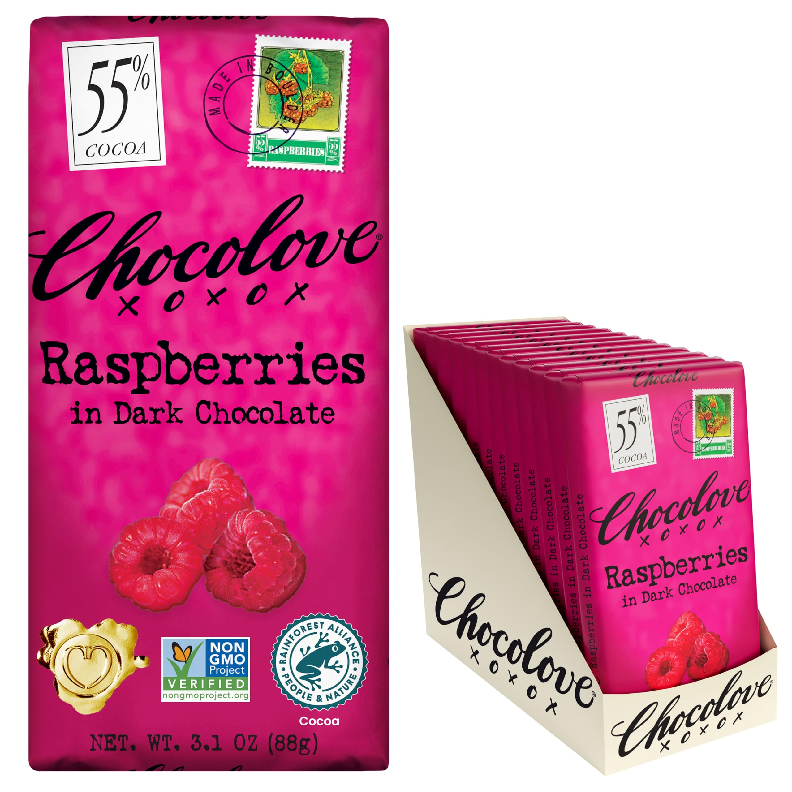 Chocolove Raspberry 55% dark chocolate bar with tangy bits for a balanced, indulgent treat.