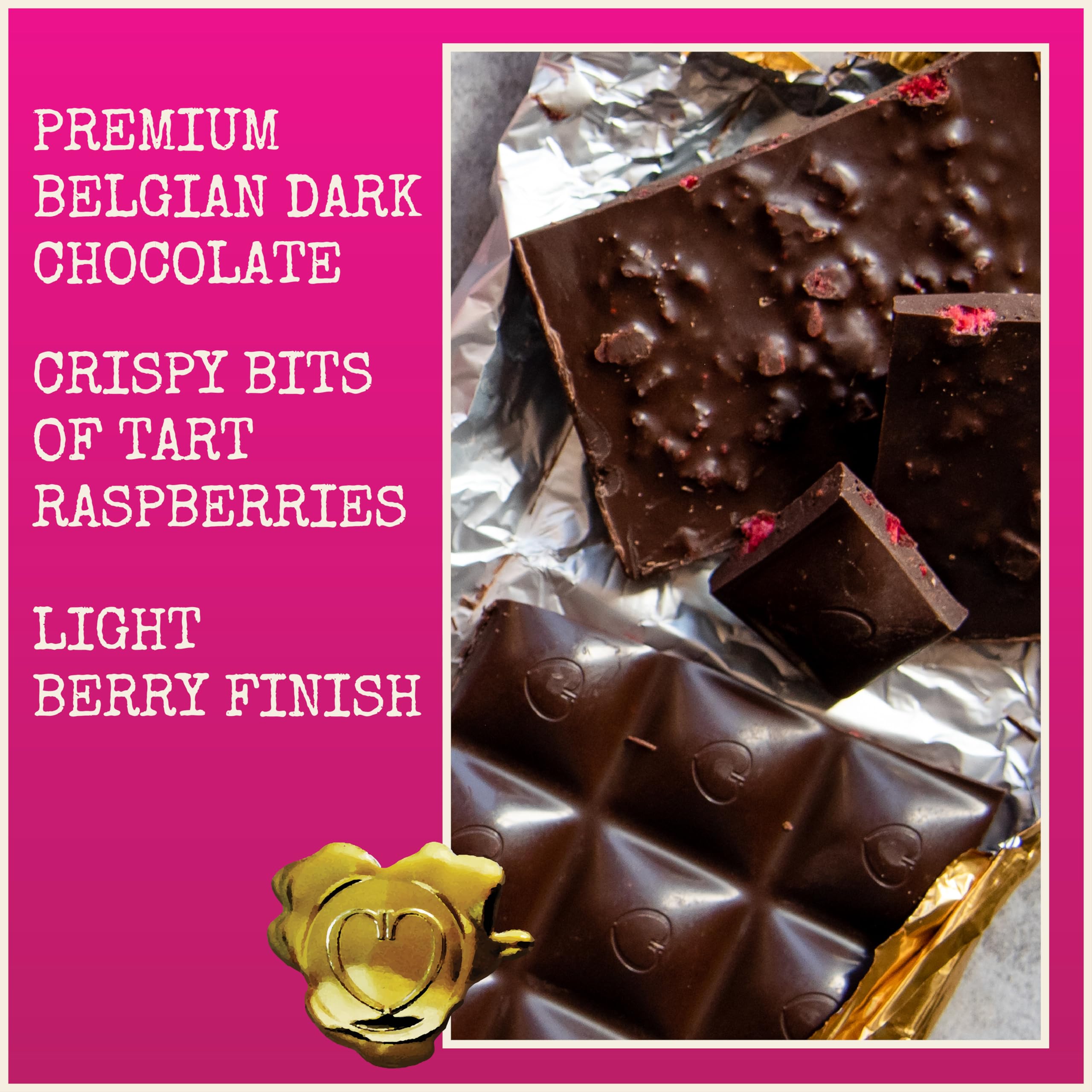 Chocolove raspberry pieces closeup highlighting vibrant fruit against dark chocolate.