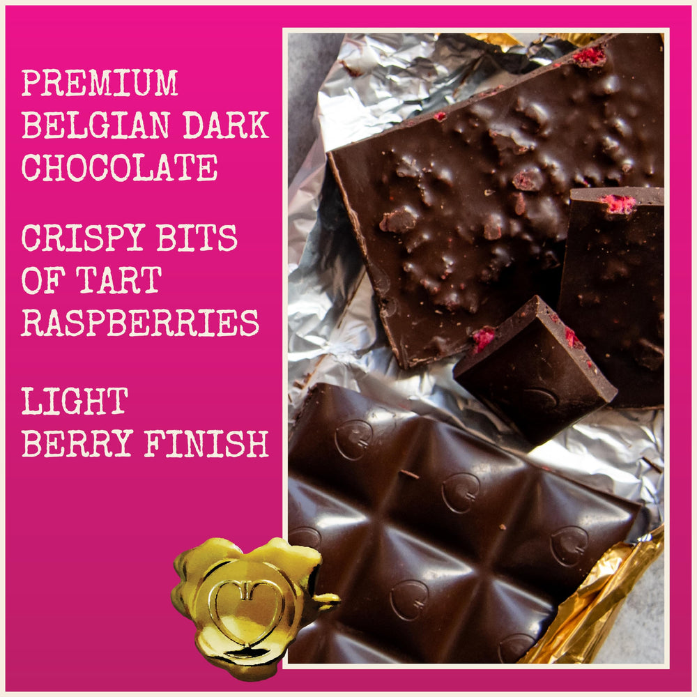 Chocolove raspberry pieces closeup highlighting vibrant fruit against dark chocolate.