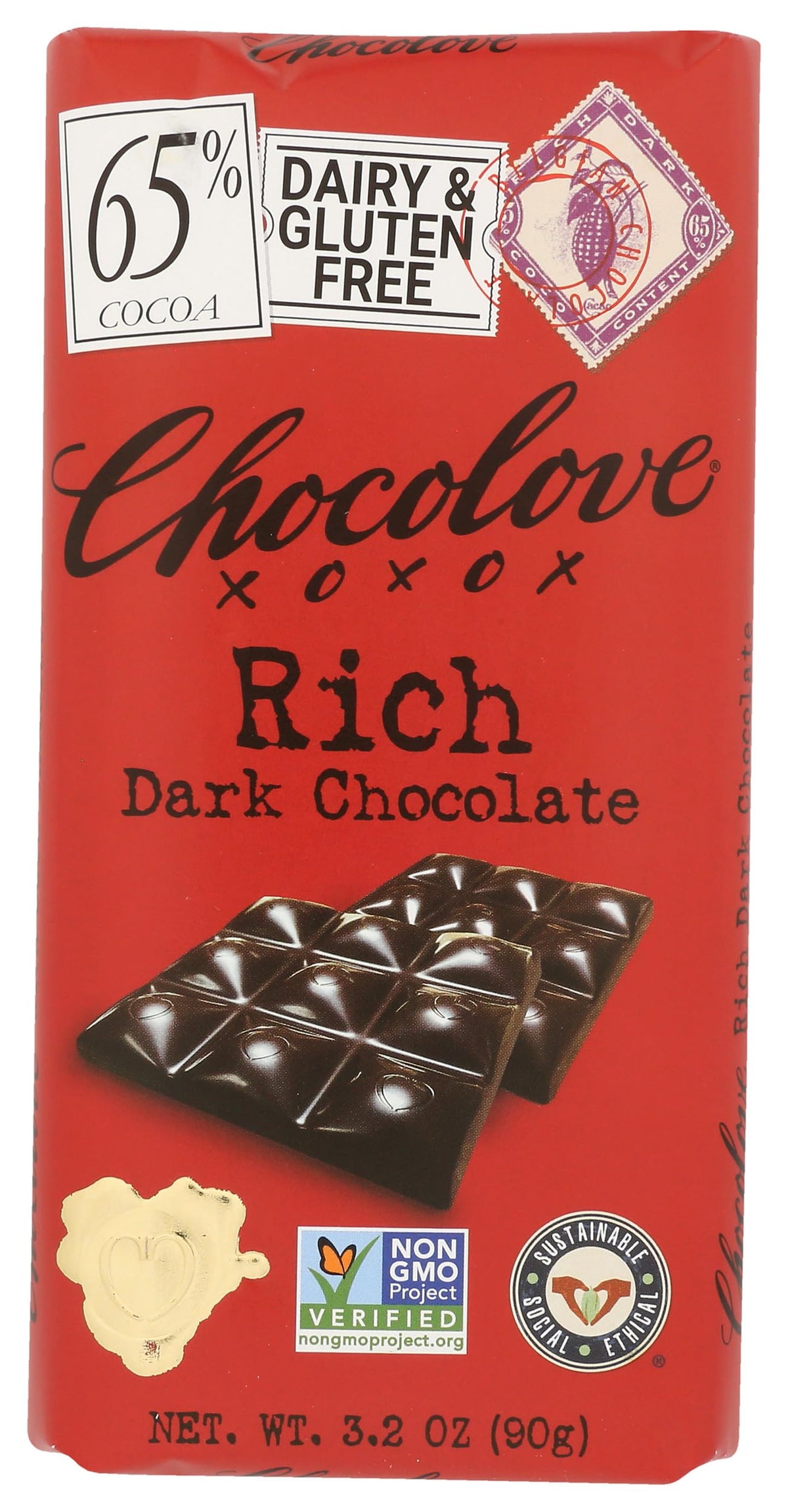 Chocolove rich dark chocolate bar in package; ideal gift or personal indulgence