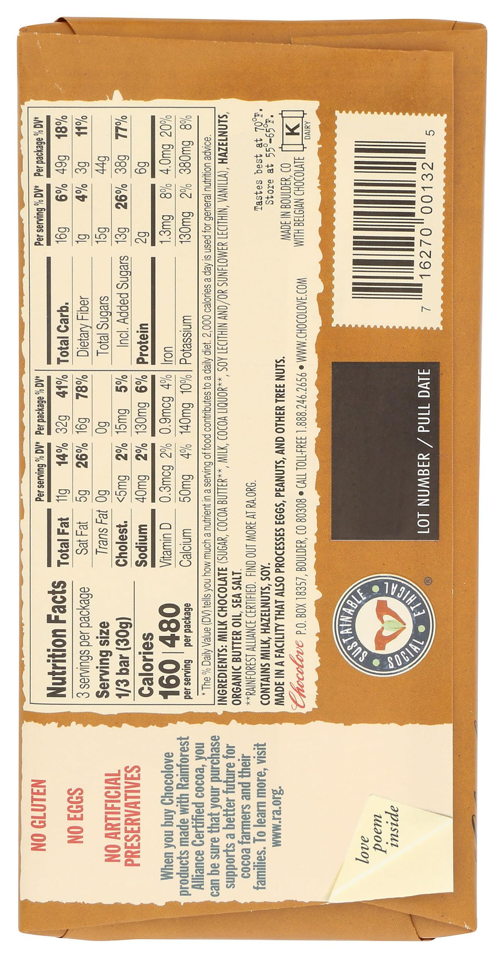 Chocolove XOXO Hazelnuts in Milk Chocolate Bar ingredients close-up highlights Belgian cocoa and hazelnuts