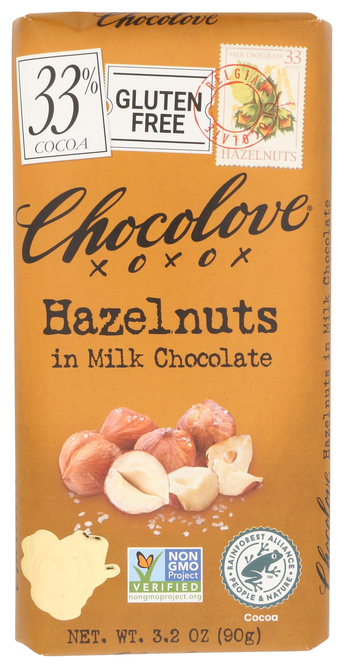 Chocolove XOXO Hazelnuts in Milk Chocolate Bar main image shows creamy chocolate with roasted hazelnuts