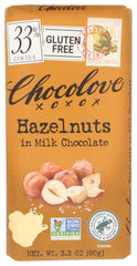 Chocolove XOXO Hazelnuts in Milk Chocolate Bar main image shows creamy chocolate with roasted hazelnuts