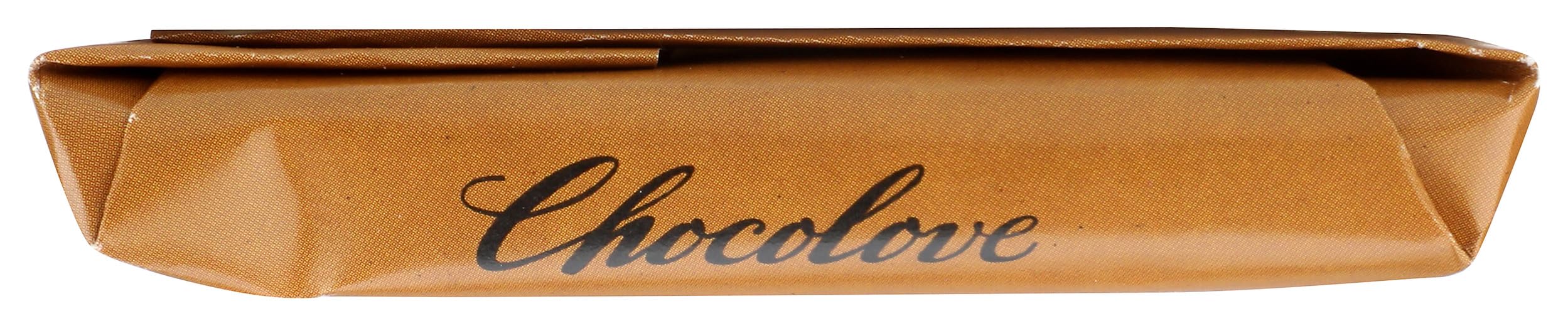 Chocolove XOXO Hazelnuts in Milk Chocolate Bar melt close-up highlights silky chocolate and nut crunch