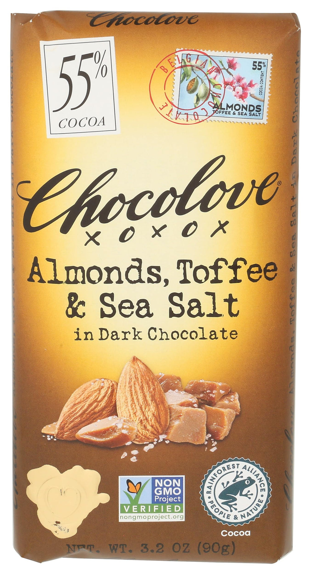 Chocolove Xoxox Bar front view with almond toffee salted, ideal gourmet snack.