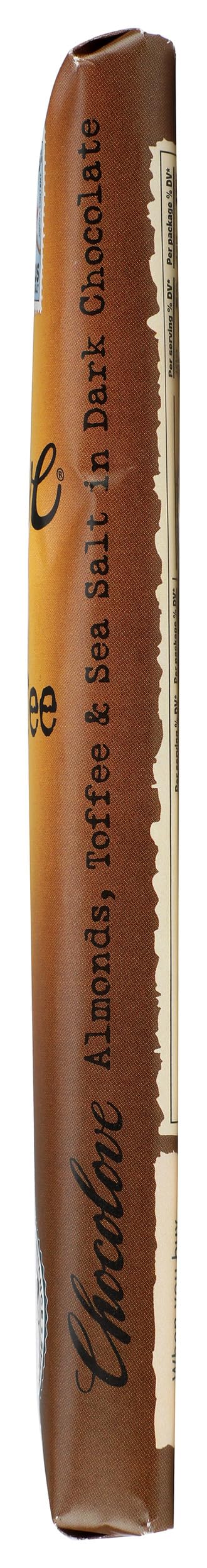 Melted shine on Chocolove Xoxox Bar bite, highlighting chocolate and toffee contrast.