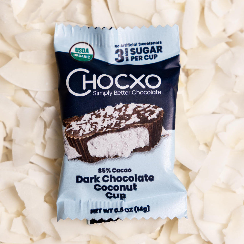 ChocXO 42-cups box emphasizes bulk, convenient on-the-go snacking.
