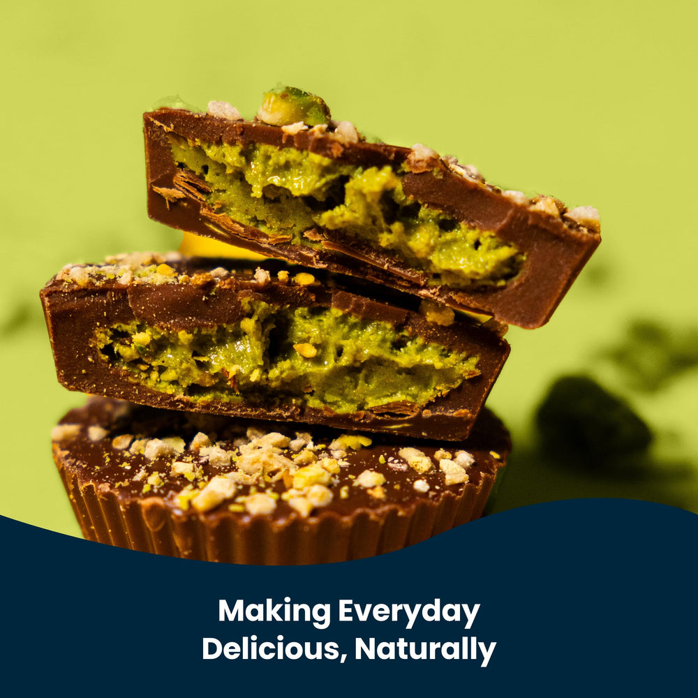 43% cacao milk chocolate shell with pistachio butter balance.