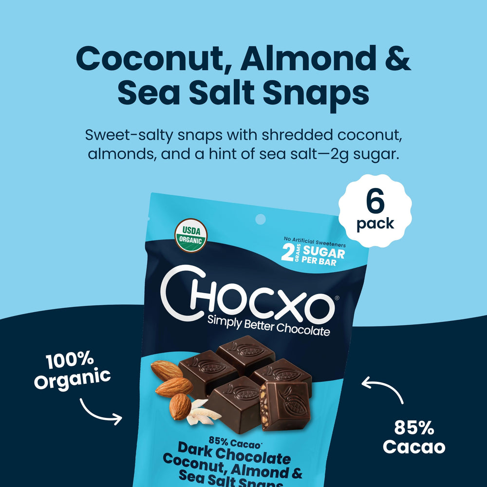 Individually wrapped ChocXO snaps with coconut and almonds and sea salt.