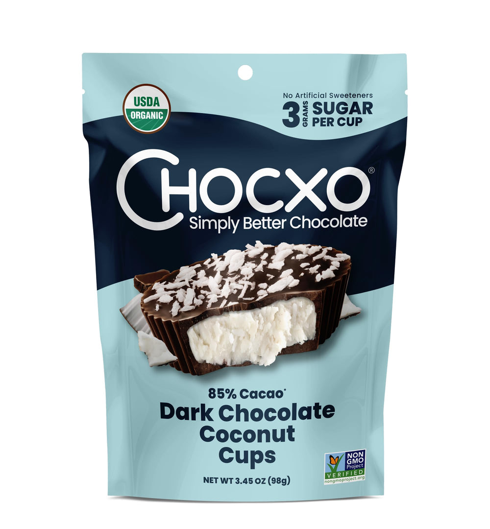 ChocXO Coconut Cups 85 percent Dark Chocolate delivers a rich, clean snack.