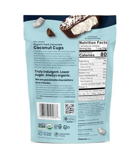 ChocXO Coconut Cups packaging 3.45 oz for on the go enjoyment.