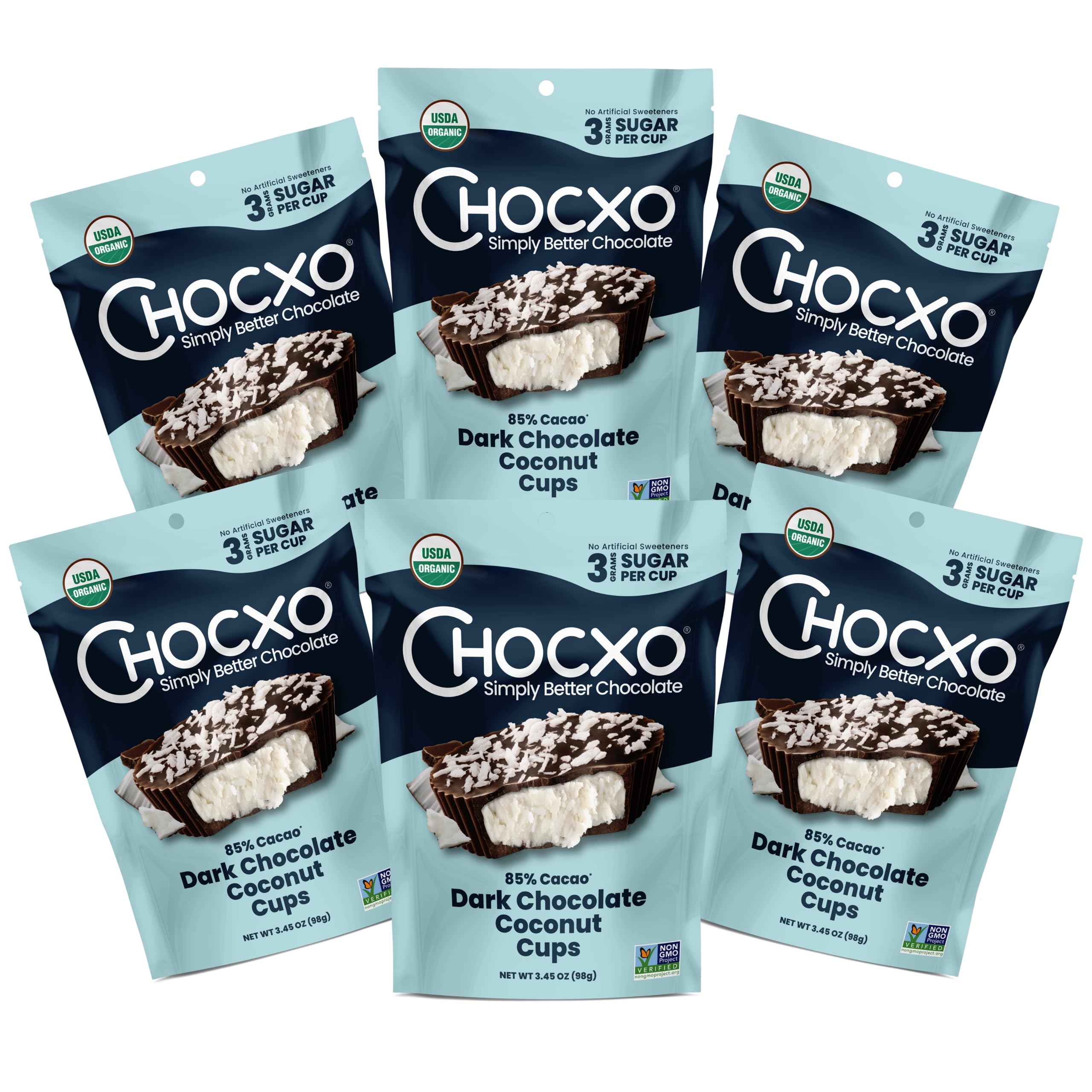 ChocXO dark chocolate coconut cups with 85% cacao offer rich, lower-sugar indulgence.